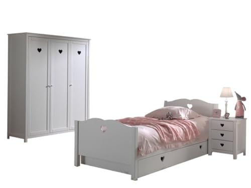 Vipack Bedroomset AMORI: eenpersoonsbed (90x200 cm), lattenbodem, nachtkastje en 3-deurs kast