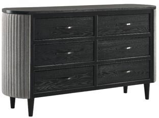 Benjara Sevy Wide Dresser with Retro Fabric, Black and Gray, 6 Drawers