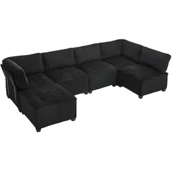 Modulares 6-Sitzer-Sofa 308x154 cm aus Cordstoff mit Stauraum – Flexibel kombinierbar als U- oder L-Form in Schwarz, Robuste Struktur