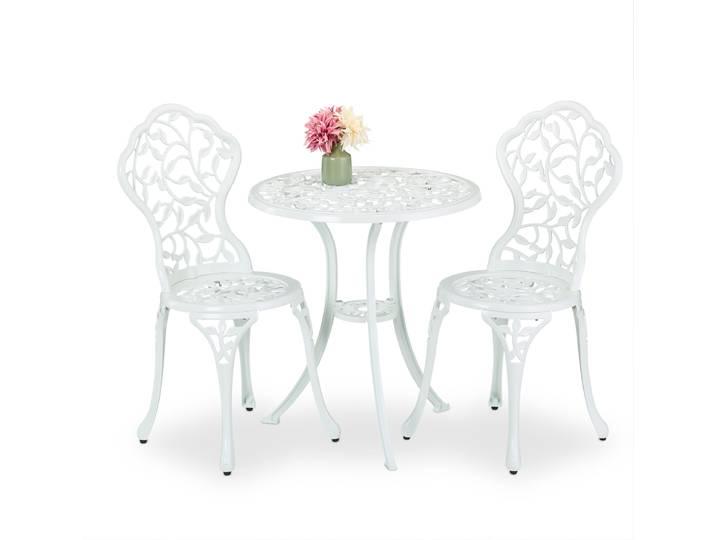 Ensemble de mobilier de jardin Relaxdays\, 3 pièces\, table et 2 chaises\, fonte d'aluminium\, mobilier de balcon avec motif de feuilles\, salon de jardin\, blanc