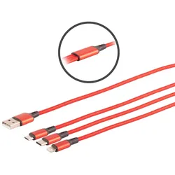 3-fach USB Ladekabel, Micro USB - USB Type C - 8-Pin, rot, 1,2m