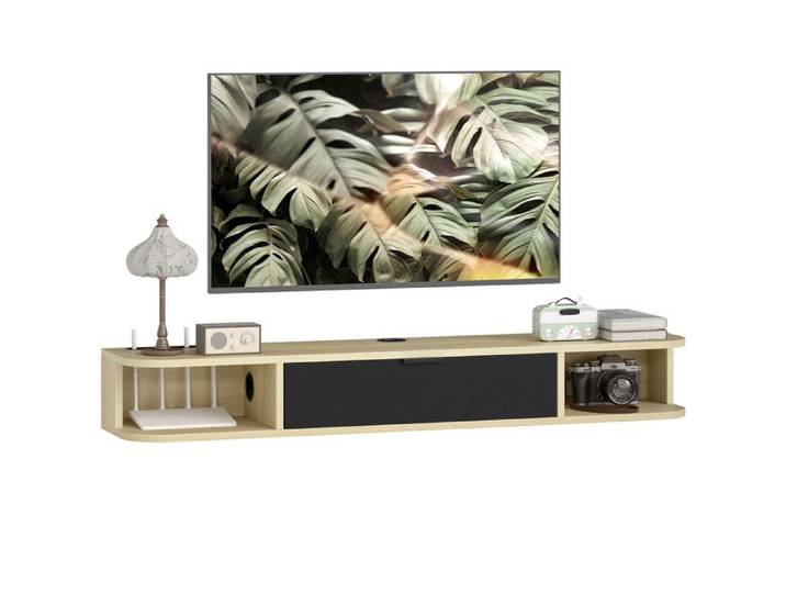Meuble TV suspendu - HOMCOM - 120cm - pour téléviseur jusqu'à 50 pouces - tiroir rabattable 2 étagères ouvertes passe-câbles - noir