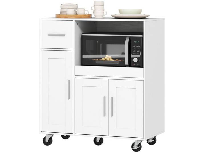 LIA Desserte cuisine blanche roulettes meuble micro-ondes plateau coulissant tiroir 3 portes