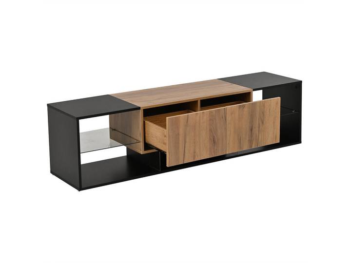 Komhtom Lowboard mit Glasplatten-Aufbewahrungsplattform und 2 Schubladen, Schwarz+Natürlich, Mode, 160x42x40 cm, Wohnzimmer, TV Möbel, Lowboards, Lowboards stehend