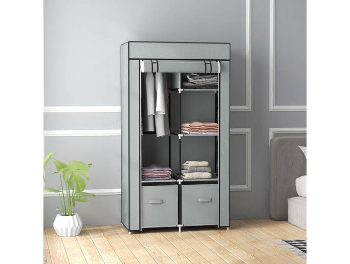 Penderie souple – armoire pliable avec barre 5 compartiments et 2 tiroirs – gris clair