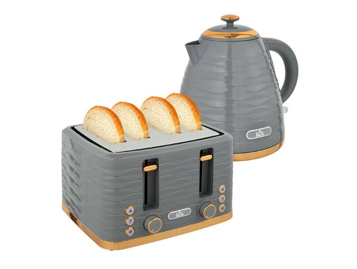 FELIXLEO Frühstücks-Set 2-in-1 Toaster Wasserkocher Set 7 Bräunungsstufen Auftauen Grau