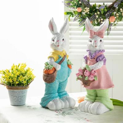Glitzhome Easter Resin Bunny Boy Girl Table Statue Decoration Rabbit Figurine with Flower Party Ornaments