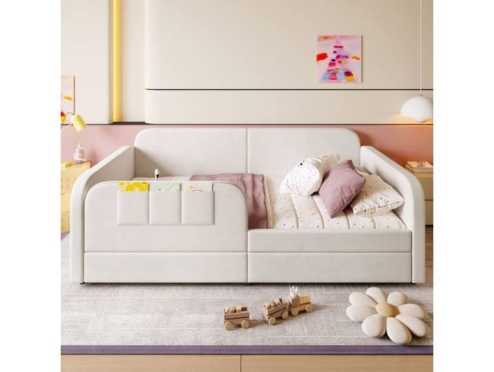 Lit enfant - KOMHTOM - Tapissier 90x200 - Velours blanc - 2 tiroirs & 3 poches - Cadre métal sommier à lattes