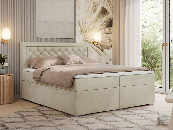 MKS MEBLE Boxspringbett 140x200 mit Bettkasten, Polsterbett 140x200 mit Matratze H3 Topper, Boxspringbett 140x200, Polsterbett 140x200, Bett 140x200 mit Kopfteil - Beige Velvet - H3 - JASIR