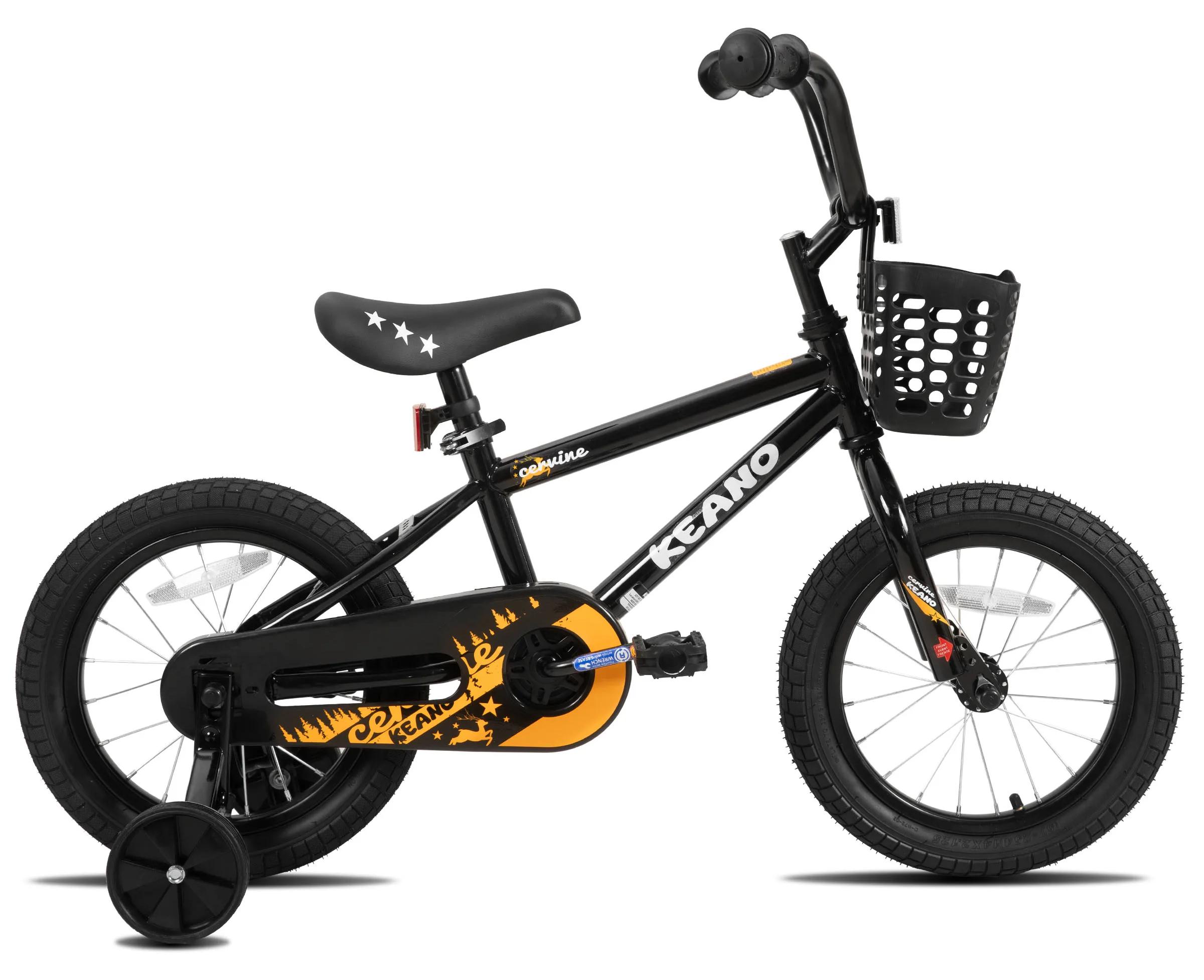 KEANO - Kinderfahrrad 35 cm für Mädchen 3-10 Jahre - Stützräder - Kettenschutz - Korb - Stahlrahmen - Schwarz