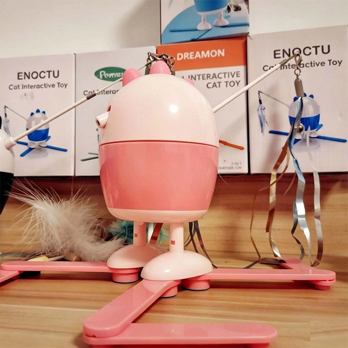INF Interaktives Katzenspielzeug mit Laserfeder und Laserlicht, 3-Gang verstellbare Rotation, Anti-Kipp-Basis und Rosa