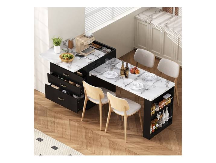 STILVORA Kücheninsel Bartisch mit ausziehbarer Esstisch Sideboard für Küche und Esszimmer, (Servierwagen mit Rollen LED-Beleuchtung Steckdosenleisten), Sideboard dient als Kücheninsel