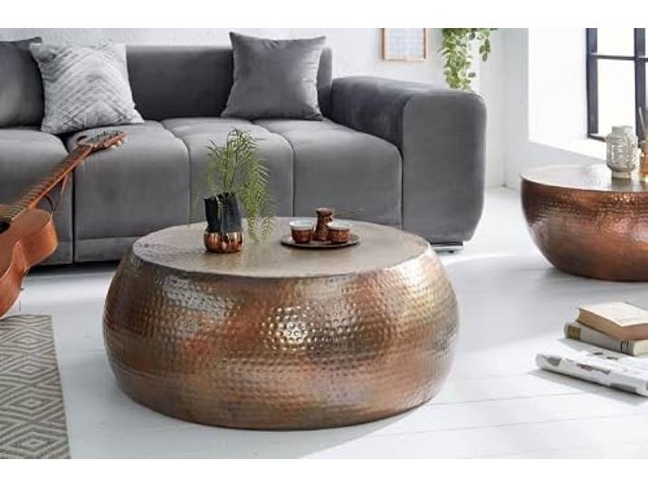 LEBENSwohnART Stylischer Couchtisch Martello No.2 Aluminium ca.80cm Kupfer-Used Hammerschlag