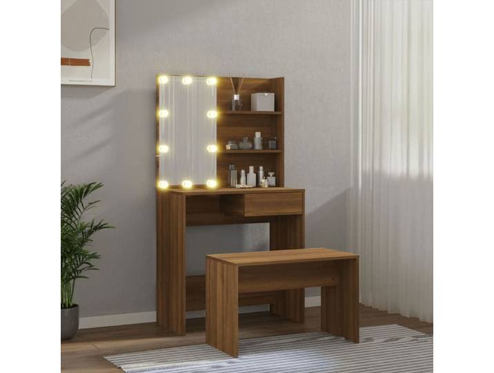 (5146)Moderne Ensemble de coiffeuse avec LED Chêne marron Bois d'ingénierie poid:35.92 kg