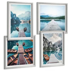 BILDER SET 4er Set - 50x50 cm & 40x60 cm Silberner Rahmen - Holzstege am See, Boote