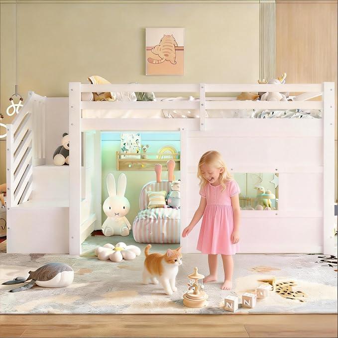 Hochbett 90x200, Kinderbett mit Stauraum Treppe und Fenster, Kinderhochbett mit LED-Beleuchtung, Stabiles Holzgestell, Verspieltes Design, Weiß