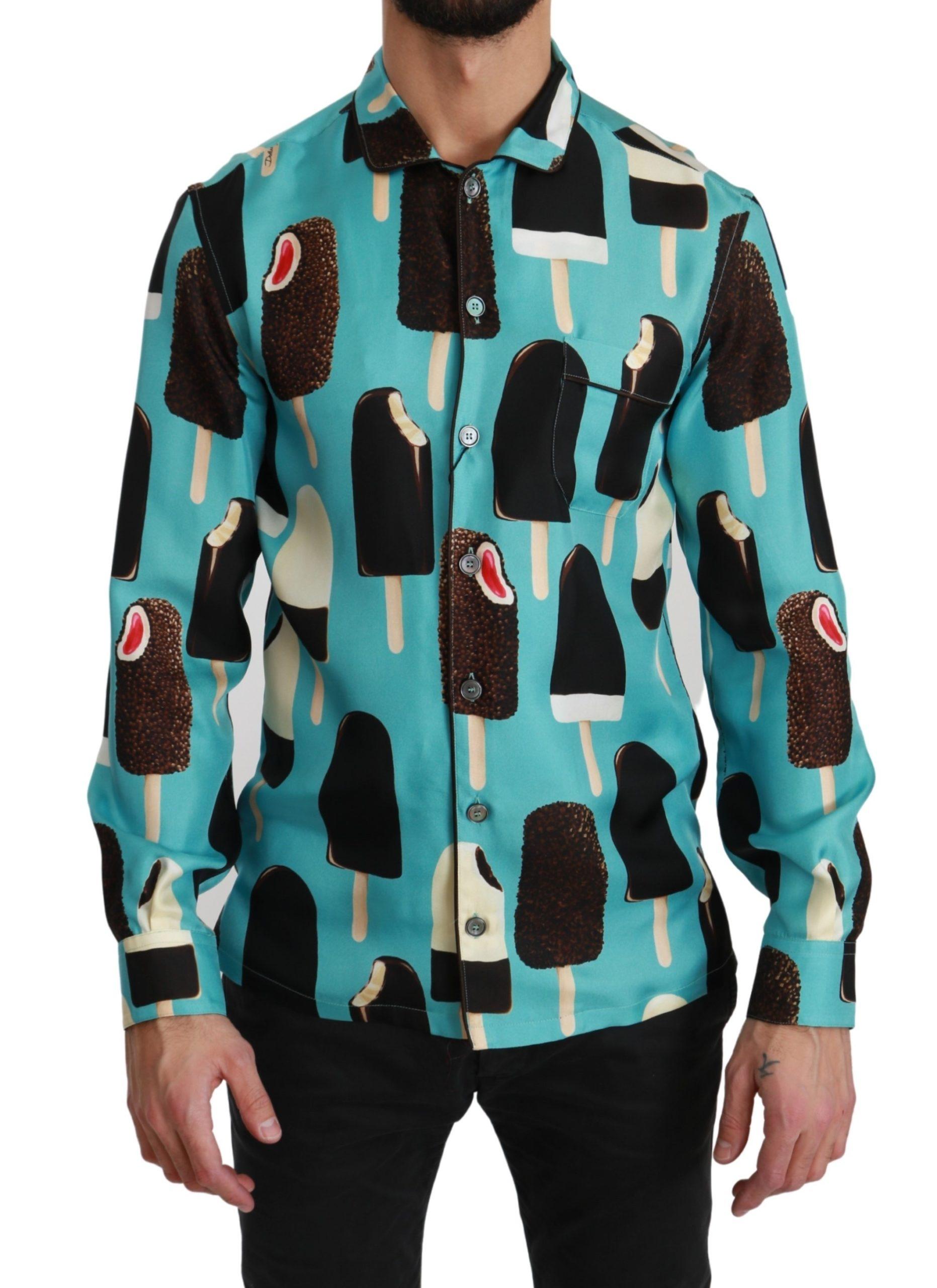 Dolce & Gabbana Blauwe Zijde IJskreemprint Casual Overhemd voor Heren