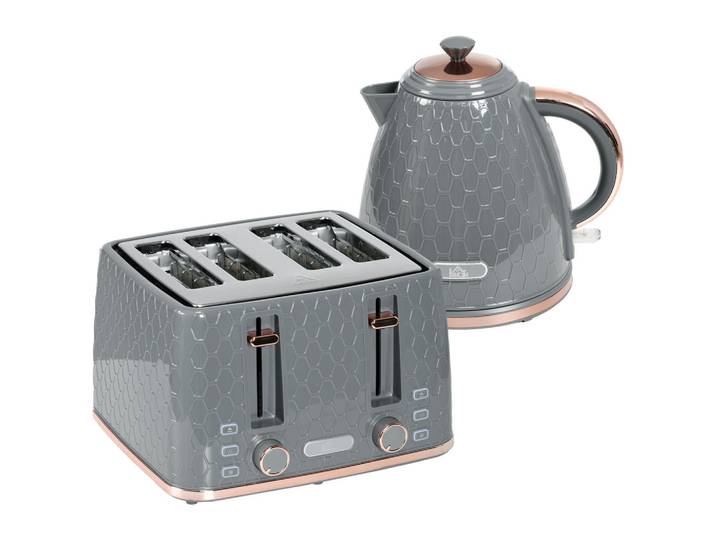 Homcom Kocher-Toaster-Set 2er Set Kunststoff Stahl Grau, 19.5x23.4x24.2 cm, Kochgeschirr, Küchengeräte, Wasserkocher