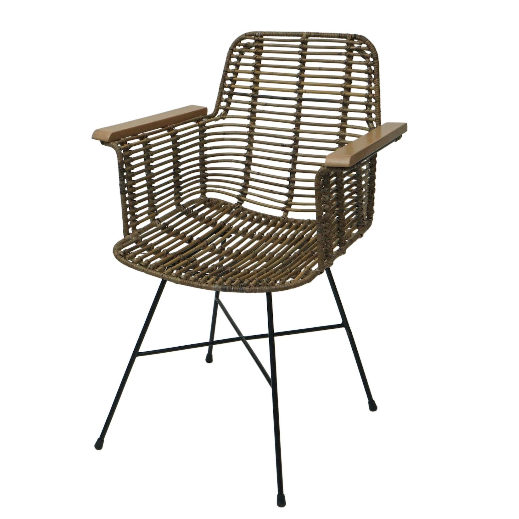 Esszimmerstuhl MCW-M29, Küchenstuhl Korbstuhl Rattansessel Rattanstuhl Stuhl mit Armlehnen, Kubu Rattan Holz Metall