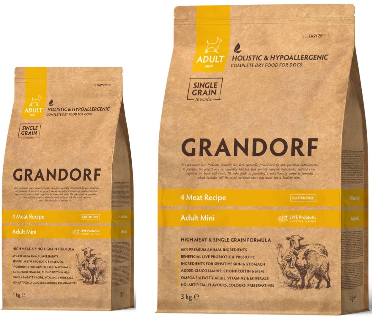 Grandorf Adult MINI Breeds 4 Carni per Cani Razze MINI 8 Kg