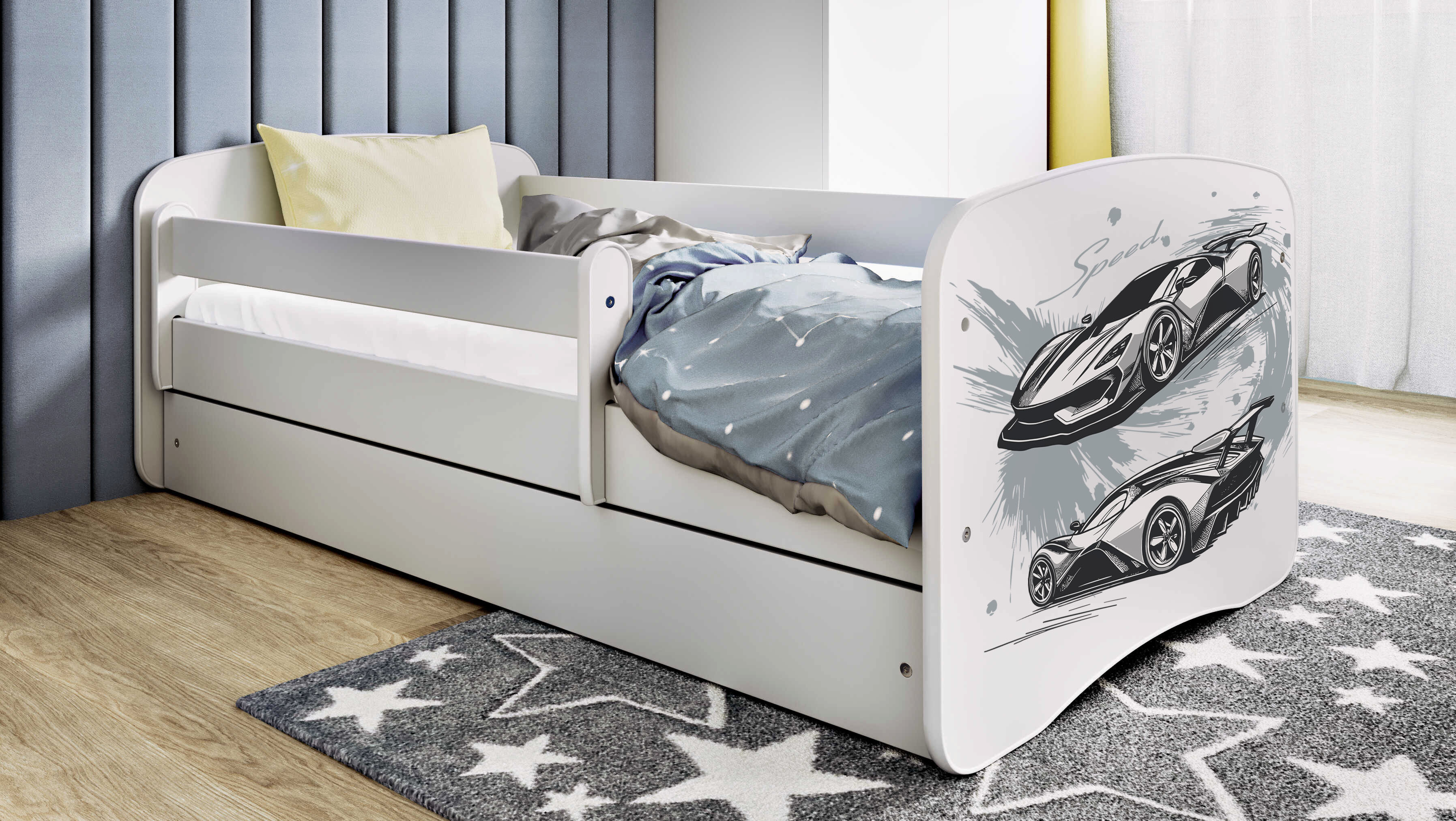 Kinderbett Jugendbett Sportwagen 70x140, 80x160, 80x180 cm - Komplettset mit Schublade & Rausfallschutz