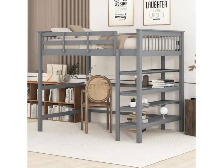 Lit mezzanine enfant Fortuna Lai - Gris - 140x200cm - Avec barrière de protection et étagères