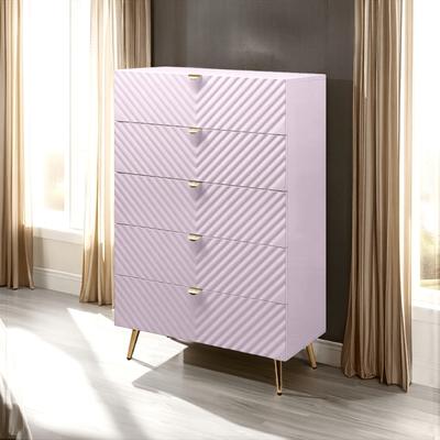 Benjara Tyra Tall Dresser Chest, 5 Drawers, Gold, Gloss Pink Chevron Pattern