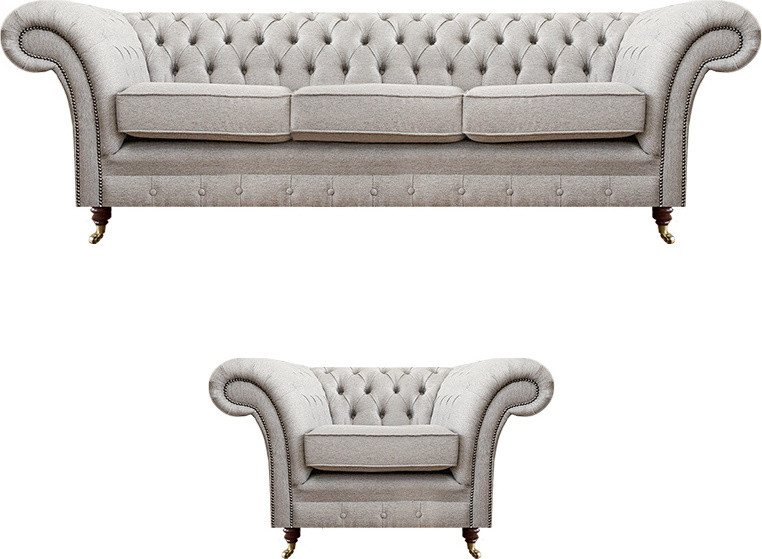Grau Luxus Chesterfield Sofa Set met Dreisitzer en Sessel voor in de Woonkamer