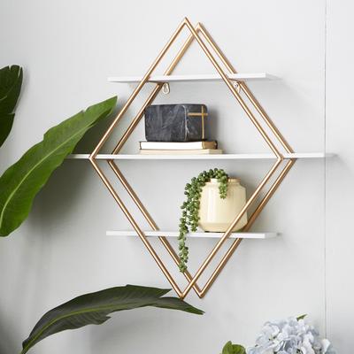 ARCILLA ELEMENTAL Gold Wooden 3 Shelves Geometric Room Wall Shelf with Diamond Shape