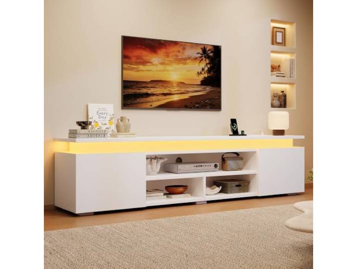 Merax TV Schrank mit LED-Beleuchtung, Moderner TV Lowboard mit 2 Schranktüren und offenen Fächern, Fernsehschrank für 75 Zoll TVs, TV Board TV Ständer Sideboard für Wohnzimmer Esszimmer, 180 cm, Weiß