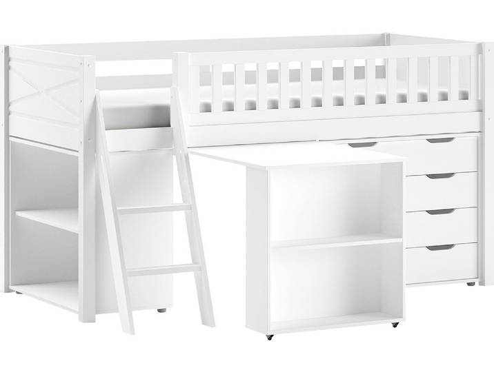 Spielbett VIPACK, weiss (weiß), B:134,7cm H:114cm L:206,7cm, Das Bett ist Kiefer massiv;Die Beimöbel MDF, Betten, Spielbett, mit viel Funktion auf kleinem Raum, LF 90x200 cm, Kiefer weiss lackiert