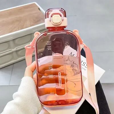 Universal Stock Slim Flat Water Bottle Transparent Travel Water Bottle With Adjustable Strap pink