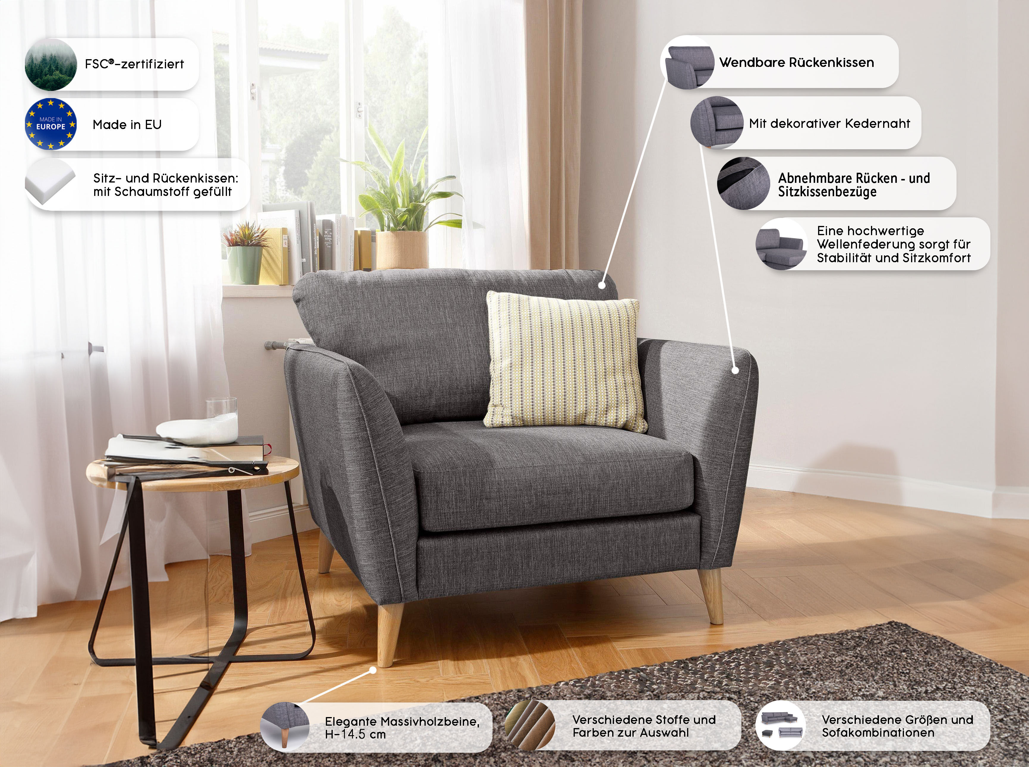 Sessel GOODPRODUCT "MARSEILLE", braun (latte), B:103cm H:88cm T:90cm, Webstoff (100% Polyester);Struktur fein (58% Polyester, 22% Polypropylen);Filzoptik (100% Polyester), Sessel, Sessel, Massivholzbeine Eiche, Landhausstil, Wellenunterfederung latte Flac
