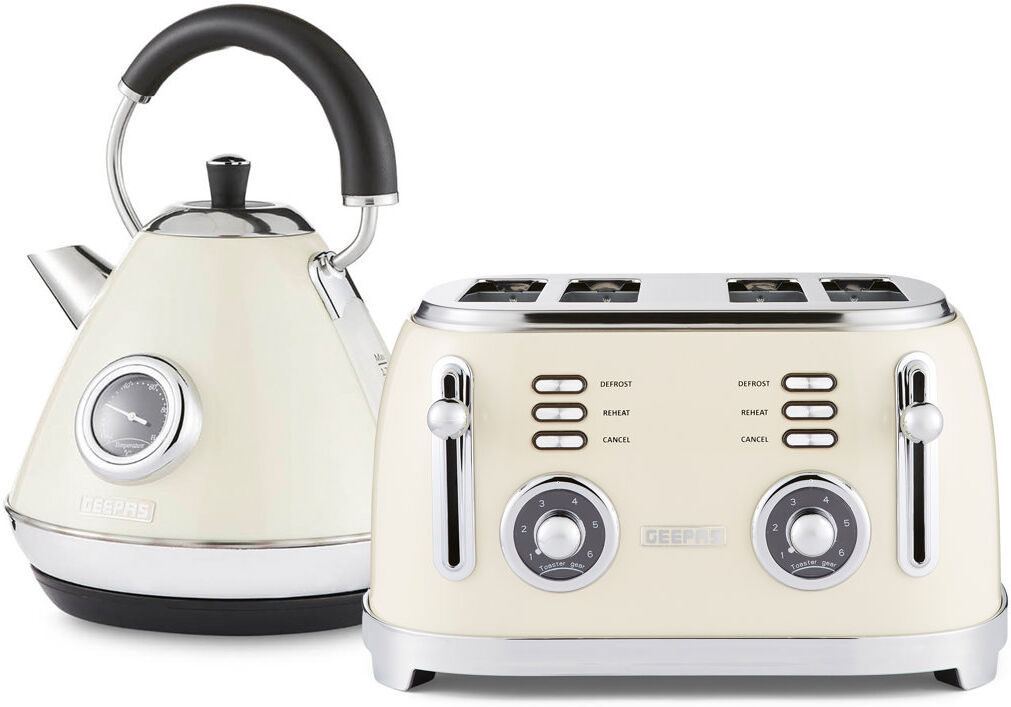 GEEPAS Retrovive 1.7L Electric Kettle & 4 Slice Bread Toaster Kitchen Combo Set   3000W Vintage Cordless Stainless Steel Kettle Auto Shut-Off, Tempera Cream 4 - Slice