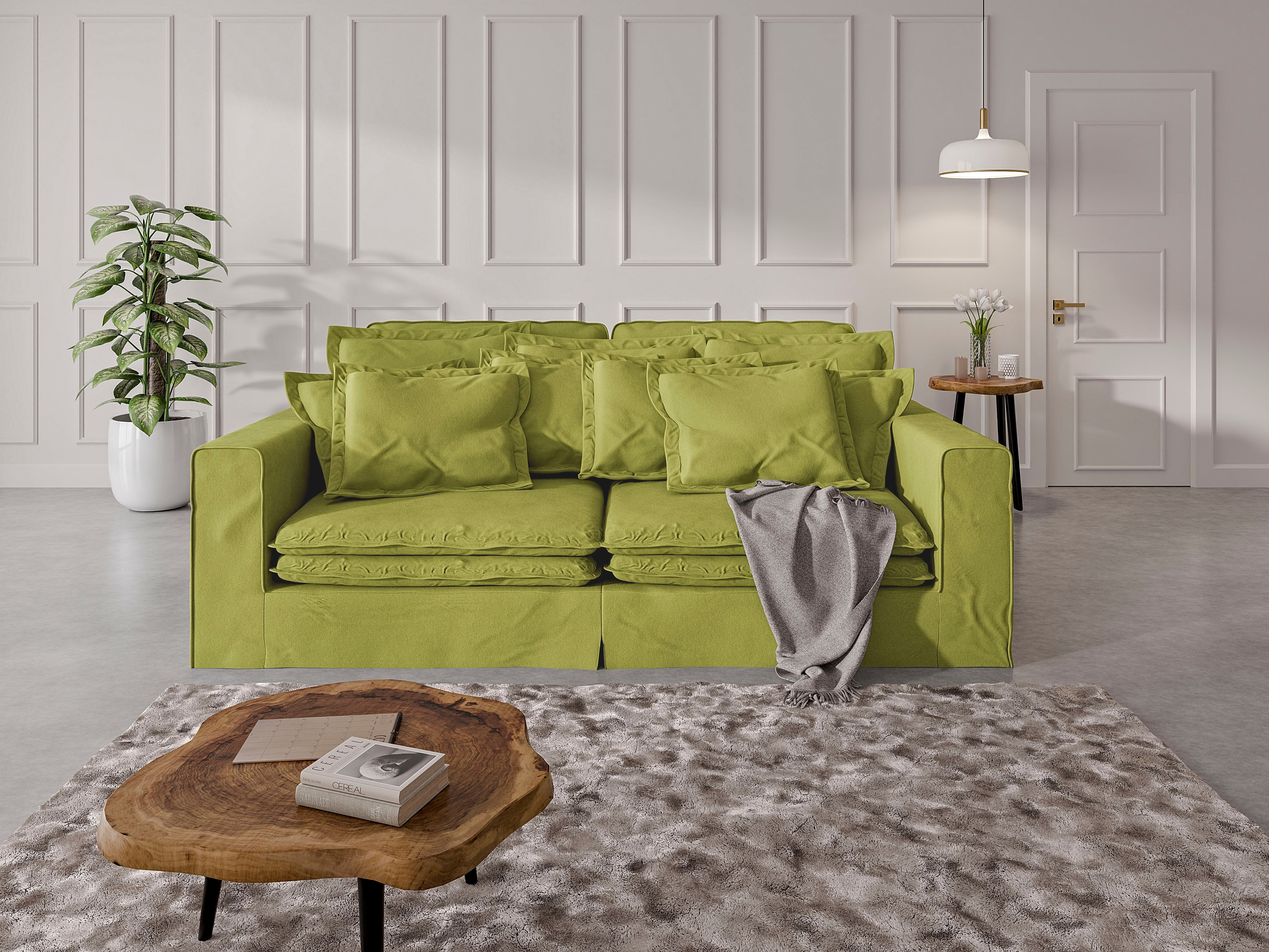 4-Sitzer HOME AFFAIRE "ALISSAS mit vielen Kissen, Biesen an den Kissen", grün, B:240cm H:94cm T:146cm, 92% Polyester, 8% Nylon, Sofas, 4-Sitzer, Hussenoptik, mit kleinen Taschen an der Seite zum Verstauen