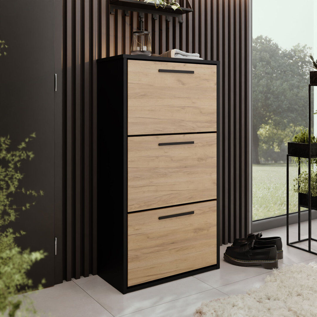 Brayden Studio 15 Pair Shoe Storage Cabinet Shoe cabinet ASPER black & golden craft oak 15