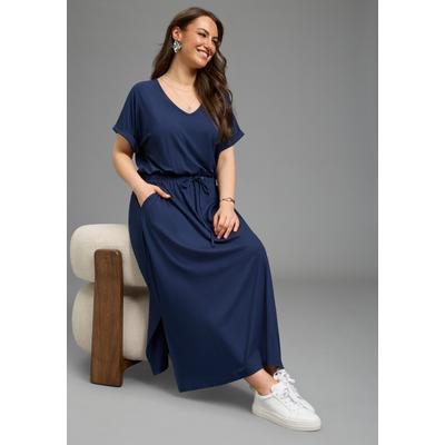 Jerseykleid LAURA SCOTT CURVE "Große Größen", Damen, Gr. 56, N-Gr, Kurzarm, Single Jersey, navy, Single Jersey, Obermaterial: 94% Viskose, 6% Elasthan, unifarben, figurumspielend knöchellang, V-Ausschnitt, angeschnitten Aufschlag, Kleider...