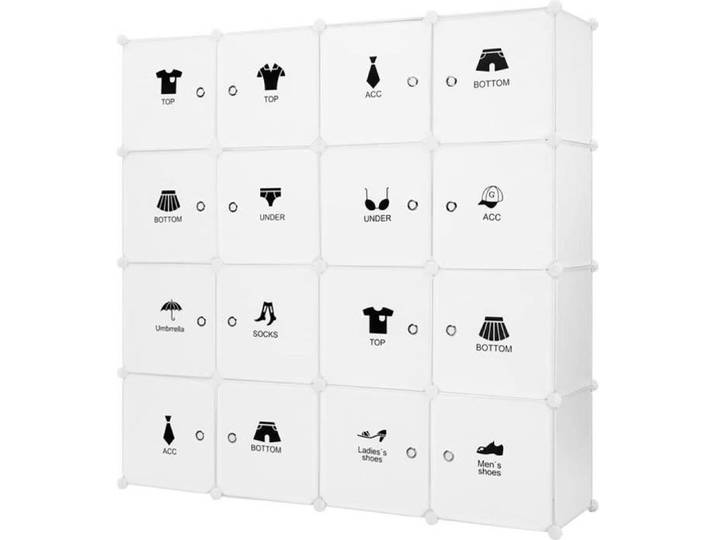 Armoire avec Penderie Modulable 16 Cubes avec Tige a Vêtements Autocollants Divers pour Décor Meuble Rangement (Blanc)