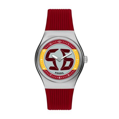 Quarzuhr FOSSIL "World Flags Big Tic", rot (rot, gelb, edelstahlfarben), Armbanduhren, Herren, Quarzuhr, Armbanduhr, Herrenuhr, Silikonarmband, analog, digital