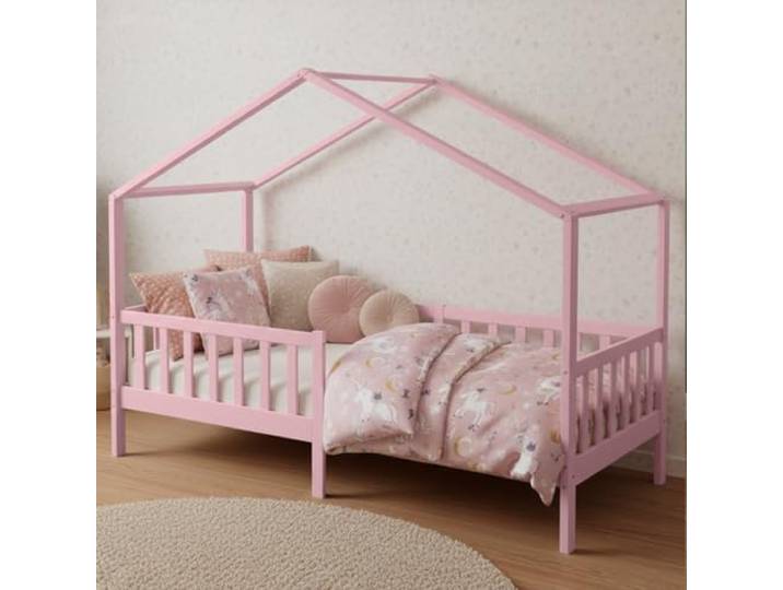Bellabino Bia Kinderbett 90x200 cm, Hausbett, Rosa, mit Rausfallschutz Montessori Holzbett aus Massivholz Kiefer, mit Lattenrost, für Jungen & Mädchen, Kinderzimmermöbel, Bettgestell, Holzrahmen