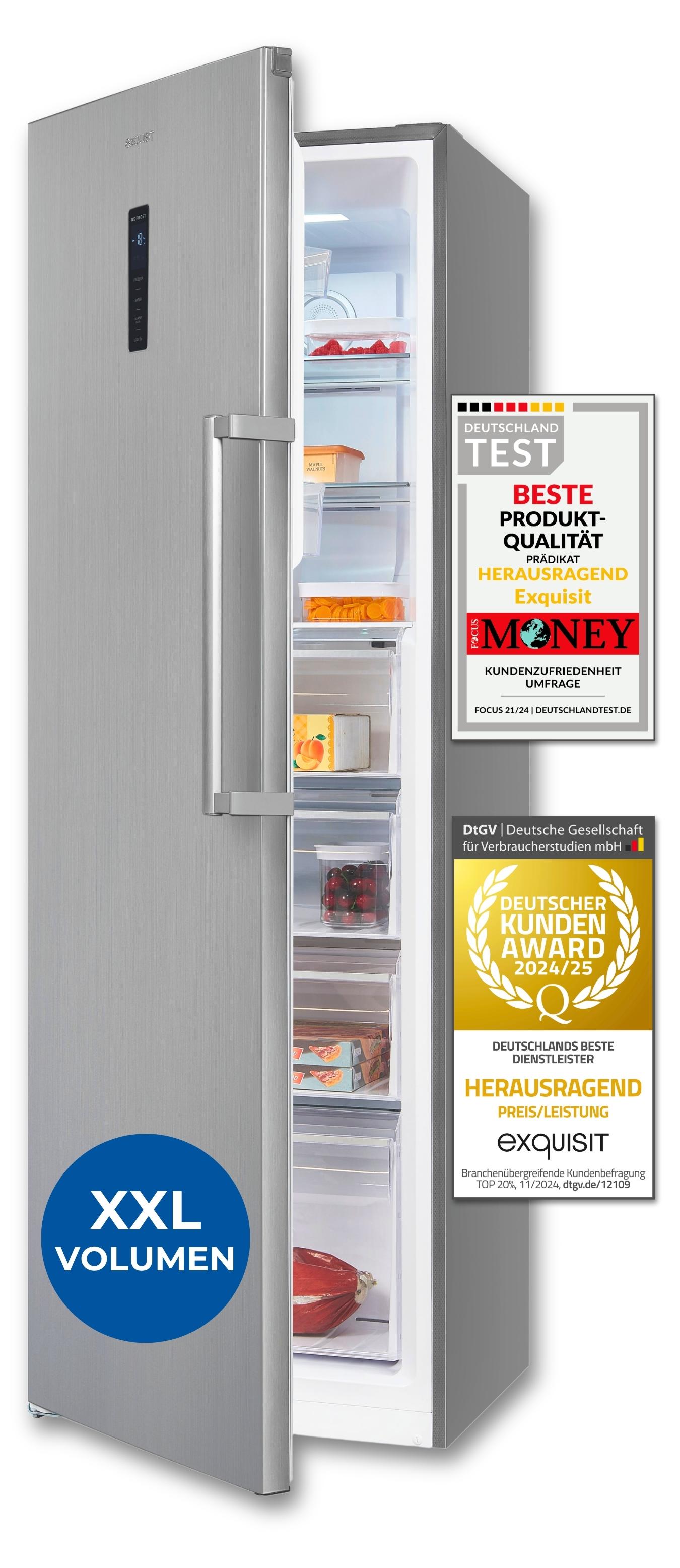 Exquisit Gefrierschrank, Tiefkühlschrank, 274 Liter, NoFrost, Schnellgefrieren, Alarm-Funktion, GS295-NF-H-040D inoxlook