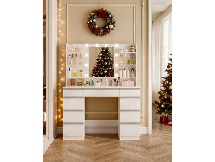 Grande coiffeuse avec éclairage LED, 3 couleurs, luminosité réglable, coiffeuse avec miroir, 9 tiroirs, blanc/argent