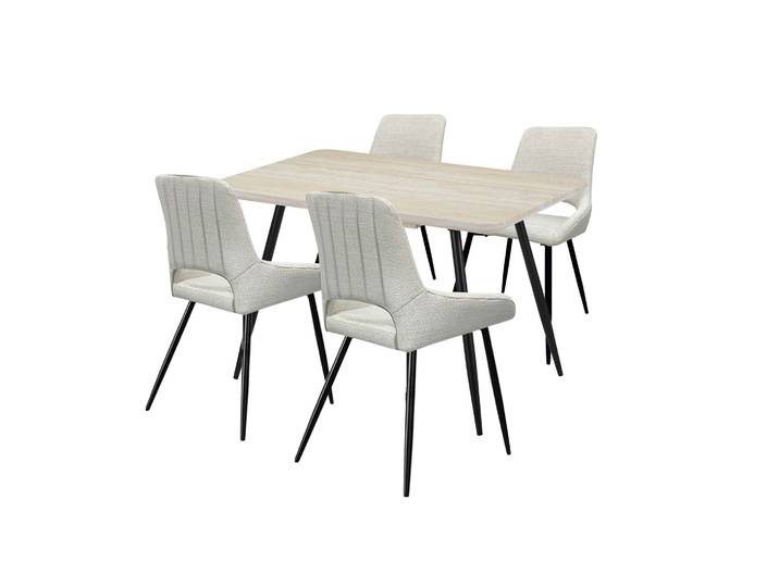 Essgruppe GOODPRODUCT Ombrone-Derrek , creme, travertin farb., creme, schwarz, B:120cm H:76cm T:80cm, MDF, Metall, Stoff, Sitzmöbel-Sets, Essgruppe, Esstisch mit 4 Stühlen, ausziehbar 120-160 cm, inkl. Einlegeplatte
