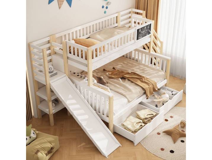 Lit superposé cabane enfant - MERAX - Lit double multifonction - 140x200+90x200 - Pin massif - Toboggan & tiroirs