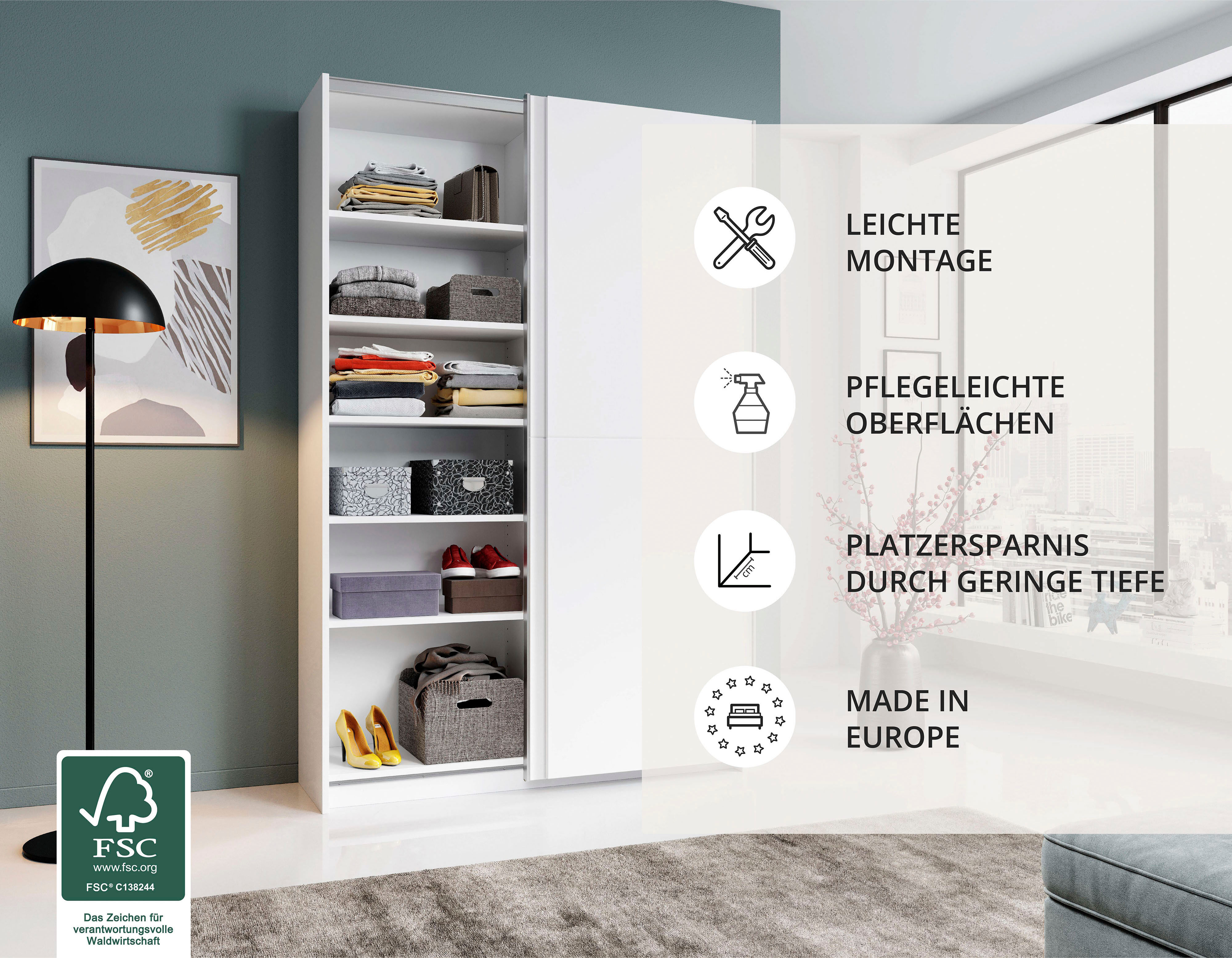 Schwebetürenschrank SCHLAFKONTOR "Heimo/Fast Schrank Kleiderschrank Garderobe", weiss (weiß), B:150cm H:196cm T:38cm, Holzwerkstoff, Schränke, Schwebetürenschrank, geringe Tiefe, ausziehbarer Kleiderstange, Garderobenschrank, 6 Böden weiß B/H/T: 150cm x 1