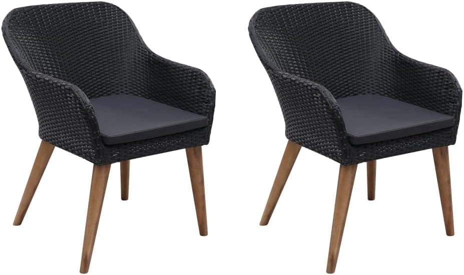 2er-Set schwarze Polyrattan-Gartensessel mit Kissen, PE-Polyrattan, pulverbeschichtetem Stahlrahmen, ergonomischer Schwammfüllung und abnehmbaren Bezügen