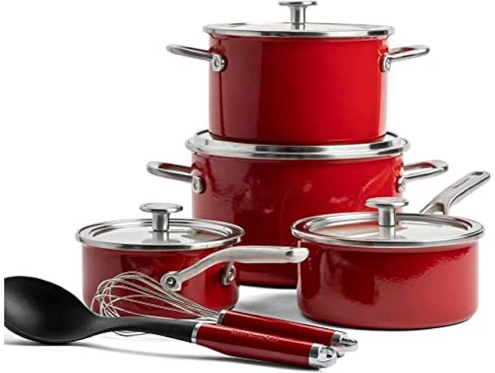 KitchenAid Steel Core Enamel 10-teiliges Kochgeschirr-Set mit Deckeln, deutsche Emaille, Induktionsgeeignet, backofenfest, spülmaschinenfest, Empire Rot