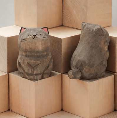 Inspire Curations Handcrafted Wooden Cat Figurine Cute Kitten Desk & Car Decor Ornament cat 07