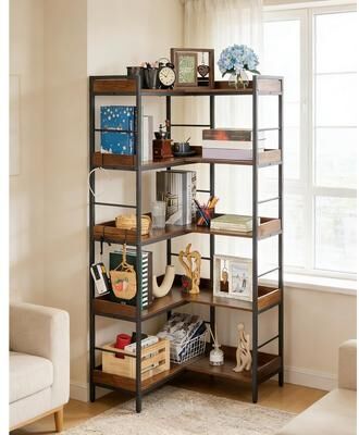 Garvee "Bookshelf 5 Tier with 4 Hooks, Reversible Corner Bookshelf, 65"" Industrial Wooden Bookcase with Open Shelves and Metal Frame"