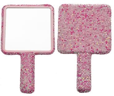 Fusion Finds Luxury Handheld Makeup Mirror With Rhinestone Crystal Handle Portable Heart, Round & Square Vanity Mirror pink Square
